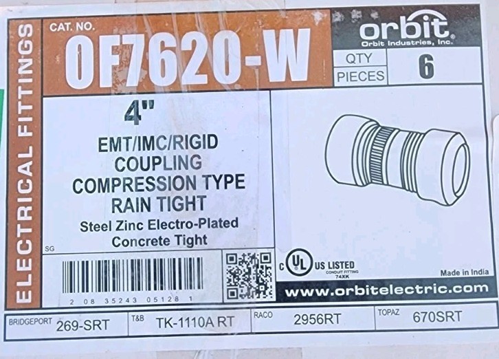Orbit 4in Raintight/Concrete Tight EMT/IMC/Rigid Compression Coupling. Box of 4