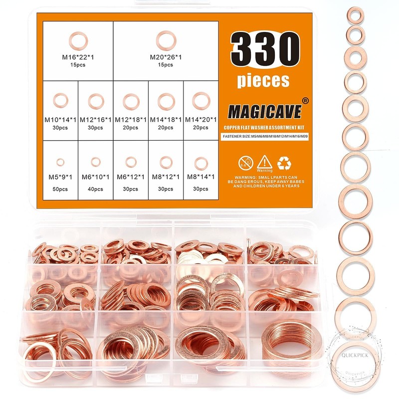 330 Pcs Copper Washers Assortment Kit 12 Sizes Flat Sealing Crush Washers M5-M20