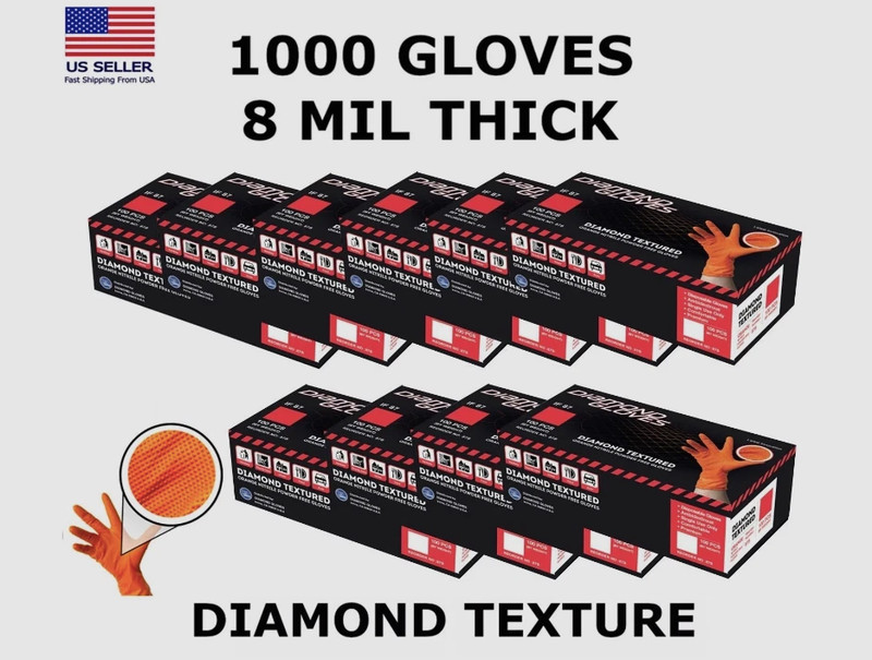 8 Mil Orange Heavy Duty Nitrile Diamond Textured Gloves Case 1000 PCS - S M L XL gallery