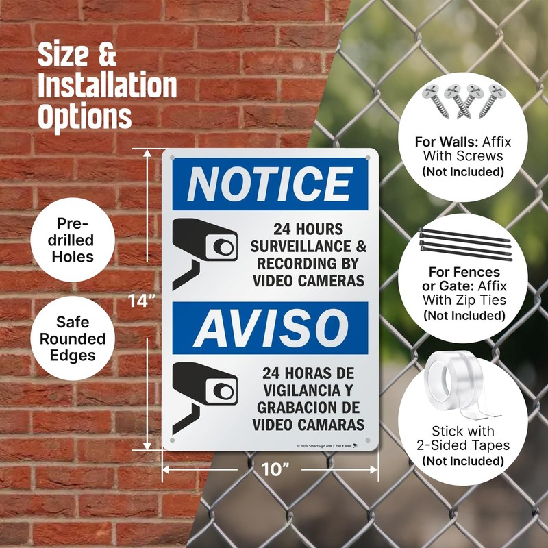 "Notice - 24 Hours Surveillance By Video Cameras" Bilingual Sign By | 10" x 1... gallery