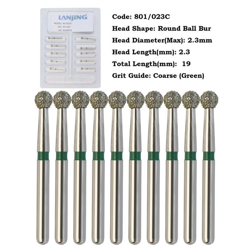 10pcs/pk Dental Diamond Burs FG Round Ball Coarse Fine Grit 801/016C 801/023C