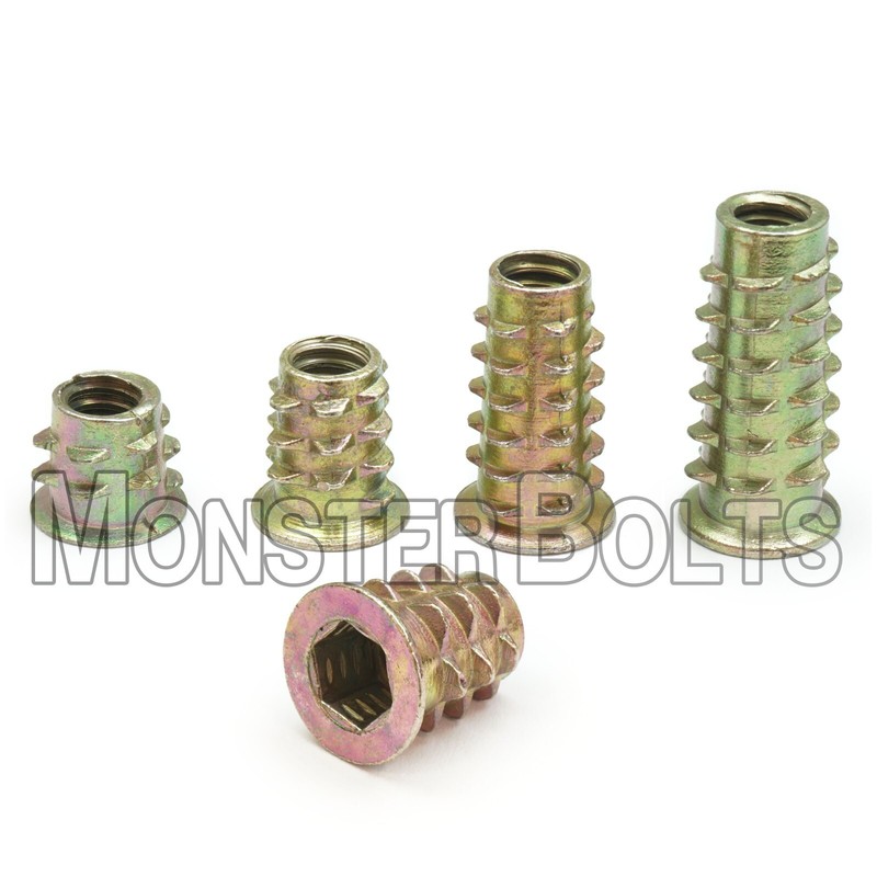 E-Z Hex Flanged Threaded Inserts for Soft Wood – 8-32, 10-24, 1/4-20, 5/16, 3/8
