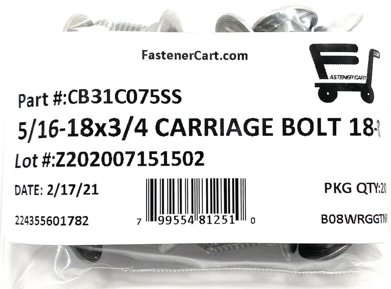 (20) 5/16-18 x 3/4 Carriage Bolts 18-8 Stainless Steel - Fast Free Shipping gallery