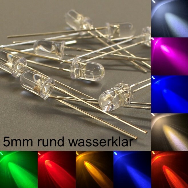 5 mm LEDs round water clear all colors incl. resistors light-emitting diodes LED 5 mm