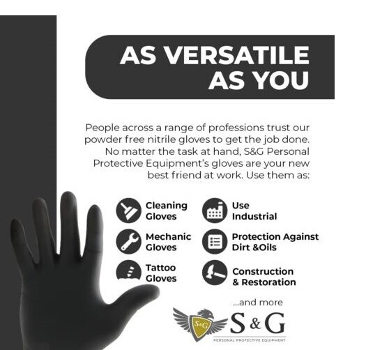S&G Black Nitrile Gloves Latex Powder Free 3 Mil 1000pcs XS/S/M/L/XL gallery