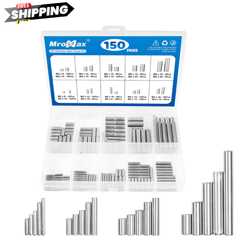 150 Pcs 304 Stainless Steel Dowel Pins Kit 20 Sizes M2 M3 M4 M5 Shelf Pegs Rod