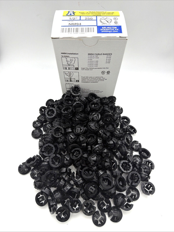 ARLINGTON NM94 1/2” NM CABLE CONNECTORS PUSH-IN ROMEX CLAMP 250 PACK NEW