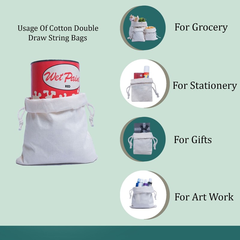 6 x 8 Inches 100% Cotton Reusable Storage Premium Quality Double Drawstring Bags gallery