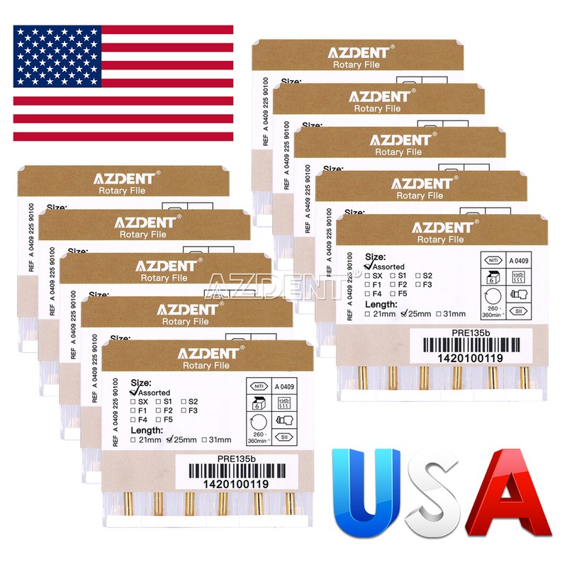 AZDENT Dental Endodontic Gold Taper NITI Rotary Files Engine Use 25mm 6PCS/Packs