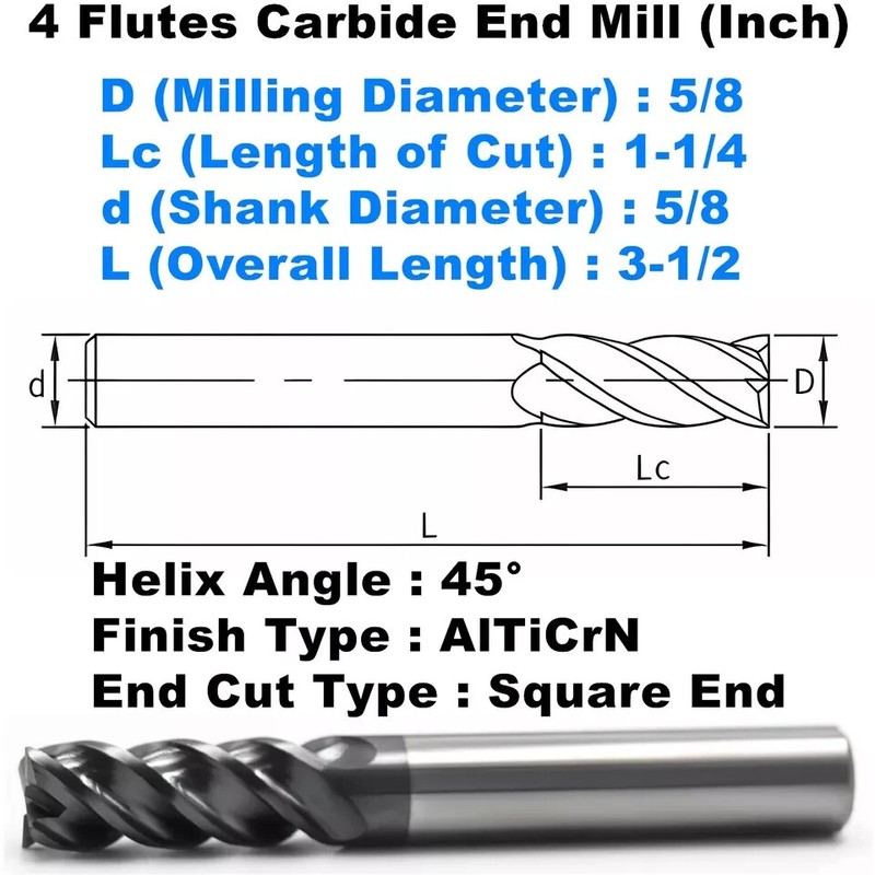 5 PCS 5/8" 4 Flutes Square 45° Helix Carbide End Mill Bits AlTiCrN Coated HRC 50 gallery