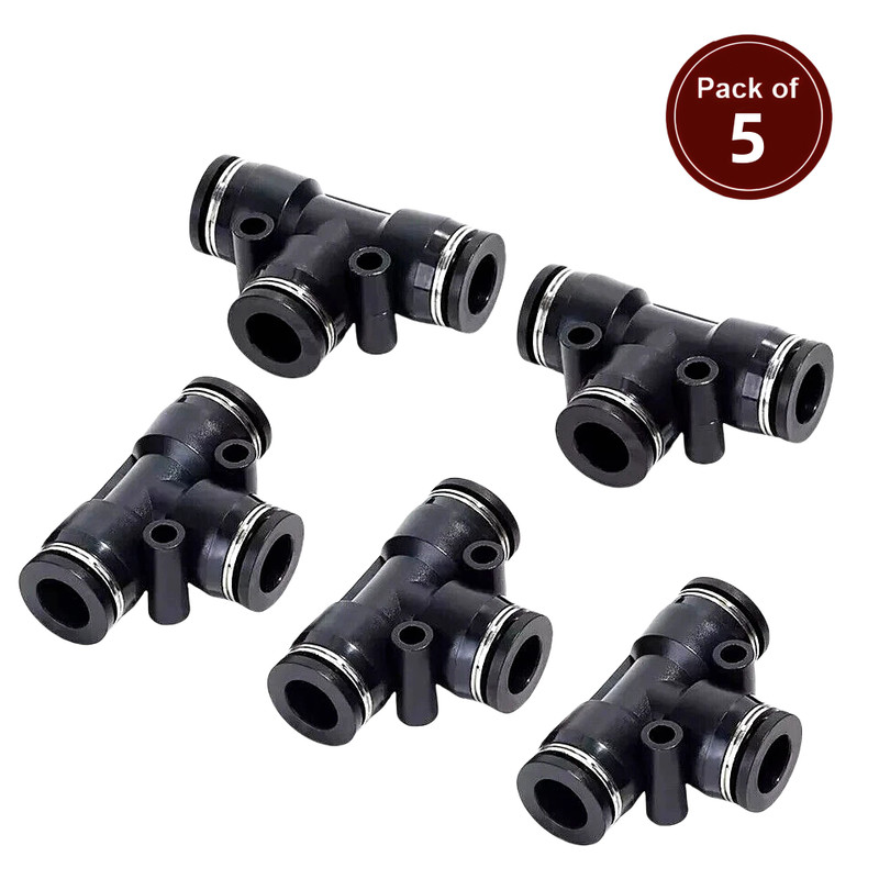 Push To Connect Fittings Tee Fits For 1/4″ OD Pneumatic Air Line Hose Black 5Pcs