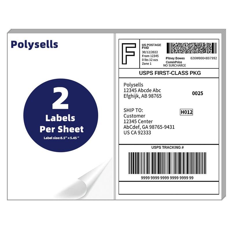 Shipping Labels 8.5×5.5 half sheet Self Adhesive 2 Per Sheet POLYSELLS