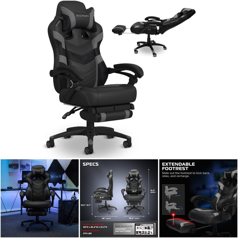Ergonomic Gaming Chair Gray Footrest Lumbar Support Recliner Office Computer