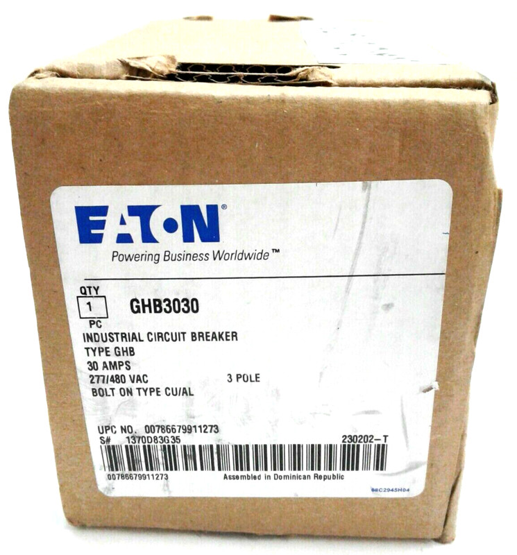 Eaton GHB3030 Circuit Breaker 30A 277/480VAC 3 Pole Bolt On
