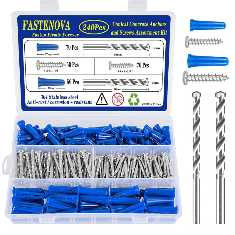 240Pcs Conical Concrete Anchors and 304 Stainless Steel Screws Assortment Kit…