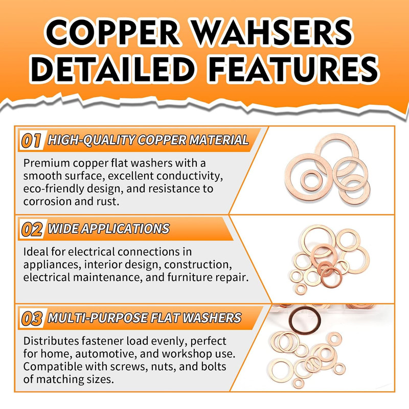 Copper Washers Assortment Kit Flat Sealing Crush Washers M5 M20 Plumbing 330 Pcs gallery