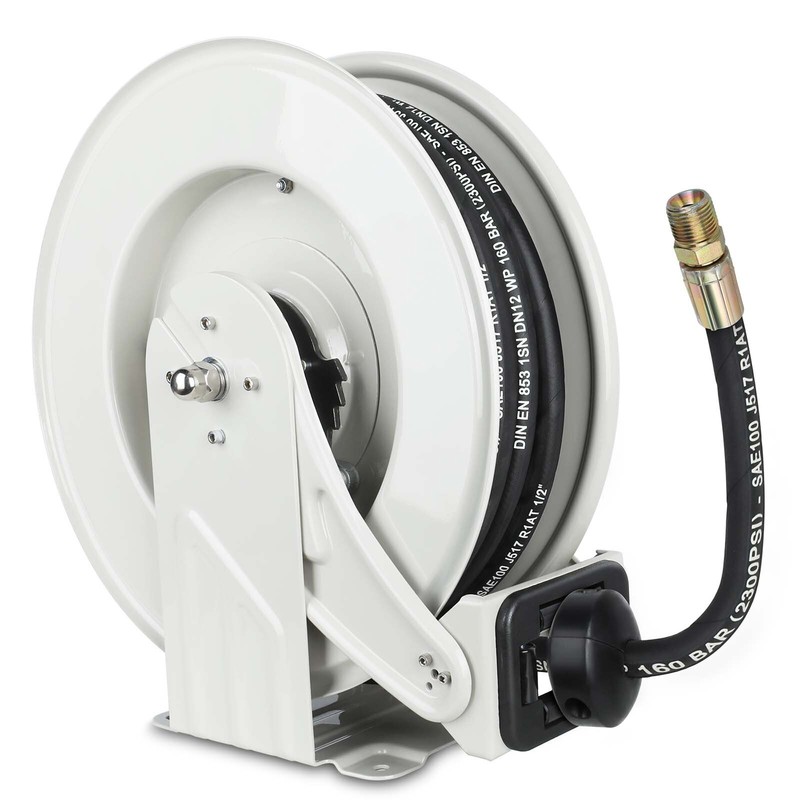Oil Hose Reel 1/2 inch x 50 ft Retractable Fuel Hose Reel, Max 2300 PSI Dual Arm