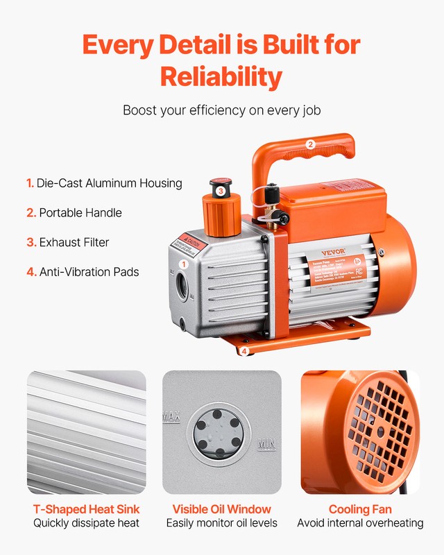 VEVOR Vacuum Pump 5 CFM HVAC Single Stage Rotary Vane Vacuum Pump Oil Included gallery