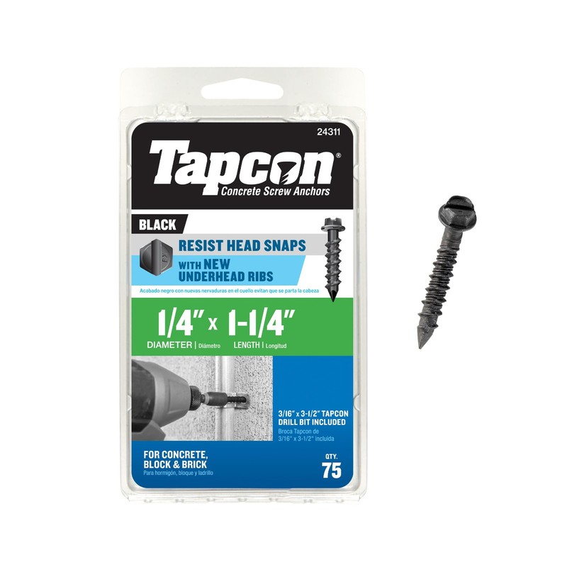 Tapcon 1/4 x 11/4 Inch Black Hex Head Concrete Anchors, 75 PCS, Corrosion Res…