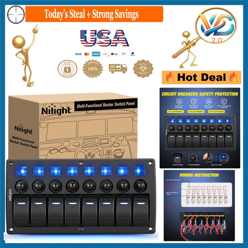 8 Gang Waterproof Marine Rocker Switch Panel with Circuit Breaker LED Backlig…