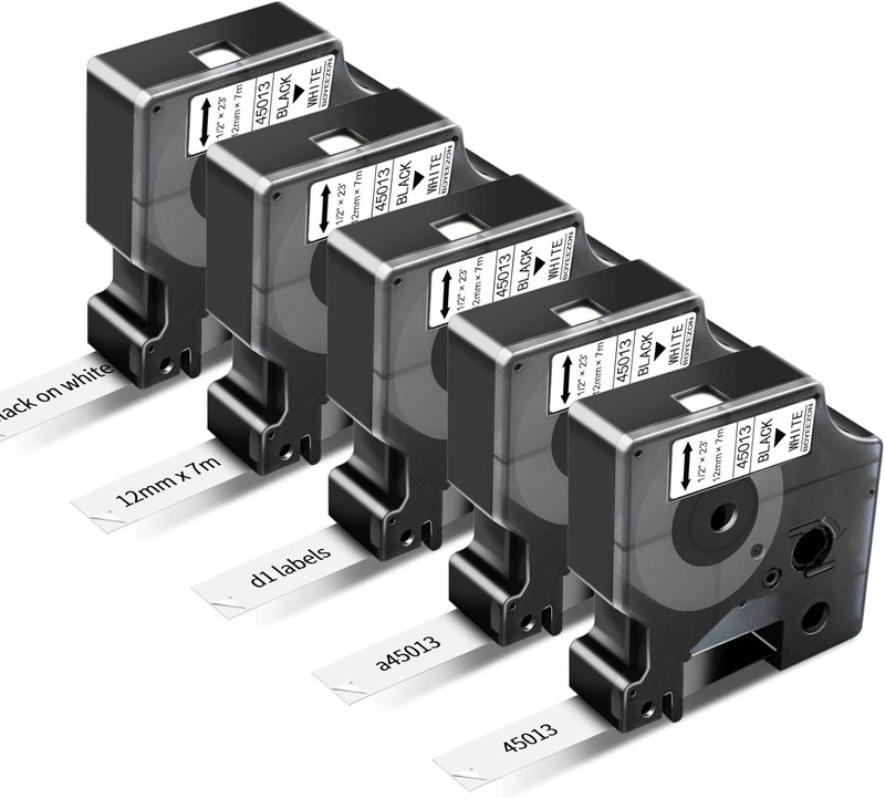 5x Dymo D1 Label Tape 45013 Black on White 1/2 Inch x 23 Feet Compatible product