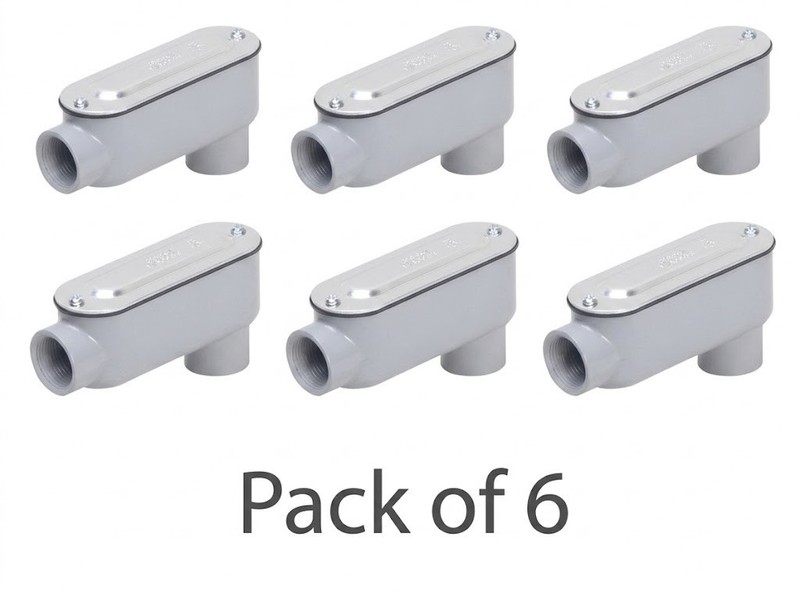 Pack of 6 – 3/4″ LR Conduit Body, Die Cast Aluminum, Stamped Steel Cover