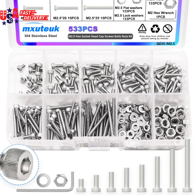 533PCS M2.5 Screws Assortment Kit M2.5 x 4/6/8/10/12/16/20/25mm 304 Stainless St
