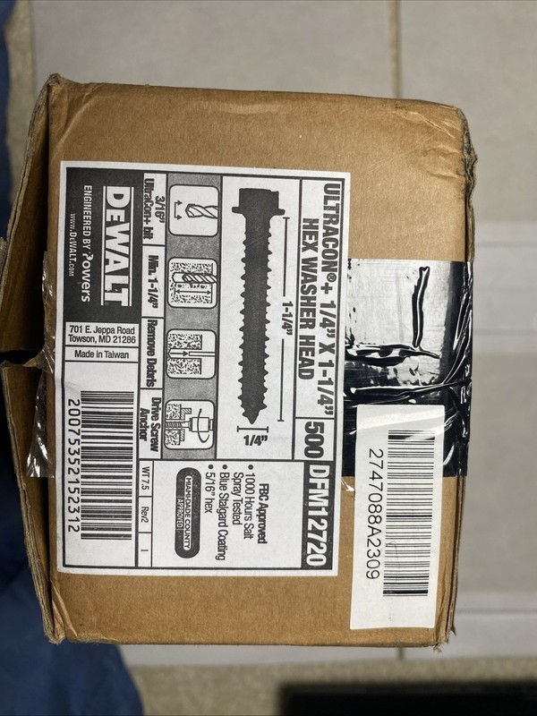 DEWALT Ultracon+ Concrete Screws 1/4 x 1-1/4 Hex Washer Head 500ct DFM12720 NEW