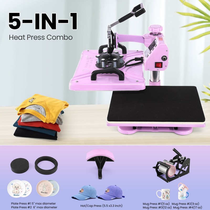 12×15″ 5-in-1 Heat Press Machine for TShirts Swing Away Heat Press Digital Combo