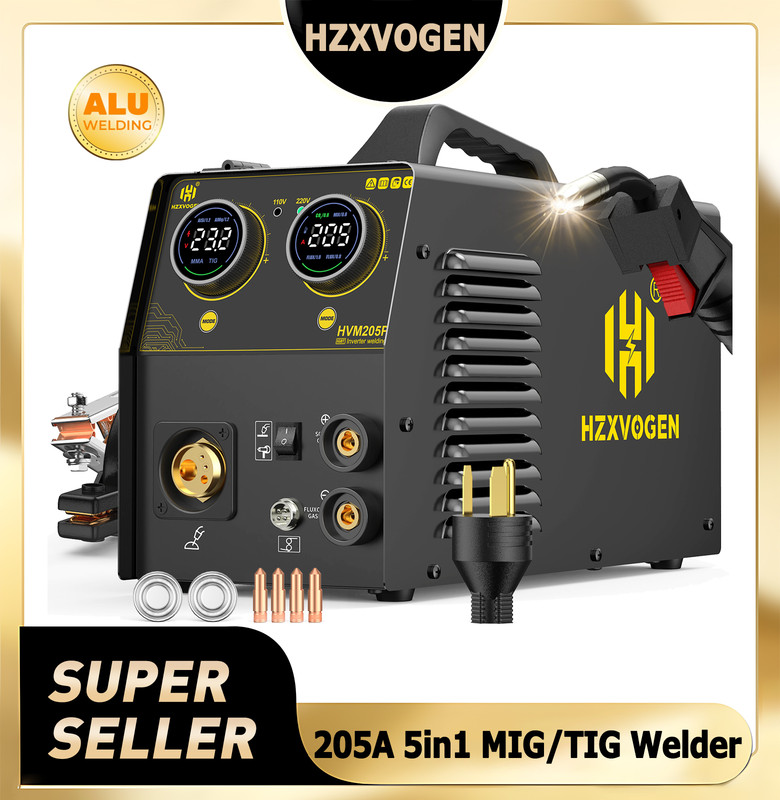 110V/220V MIG Welder for Alu/Steel/Iron, 205A Pulse MIG TIG MMA Gas Gasless MIG