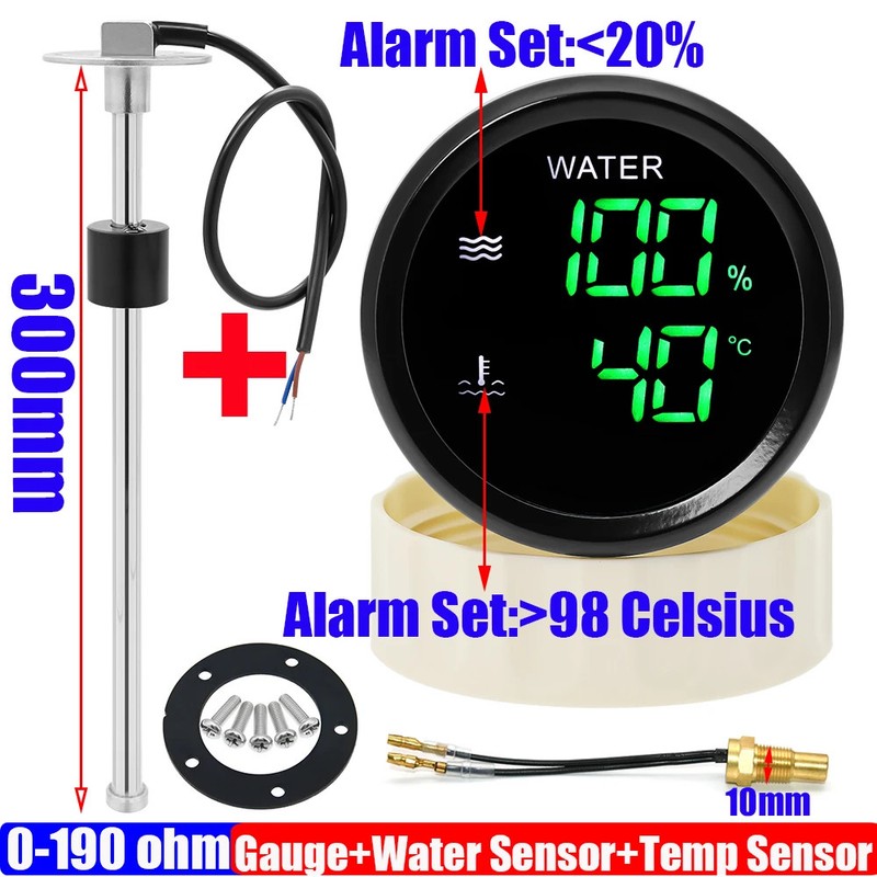 Digital 52mm 3-in-1 Gauge Water Waste Voltage Meter Sewage Sensor 12V 24V Level