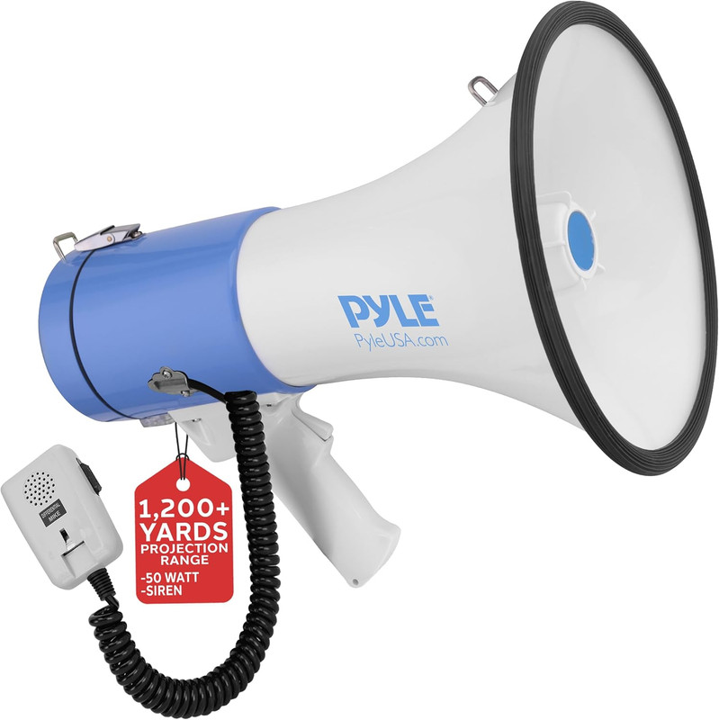 Portable Megaphone Speaker PA Bullhorn – Built-In Siren, 50W Adjustable Volume C
