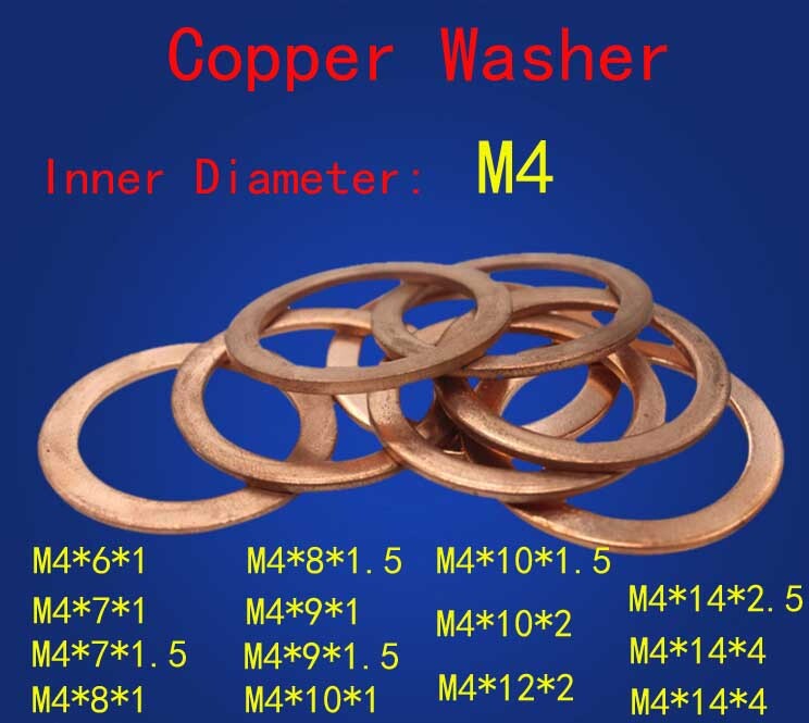 M4 6mm-14mm OD Copper Washers Round Washer Flat Gasket 1/1.5/2/2.5/3/4mm Thick