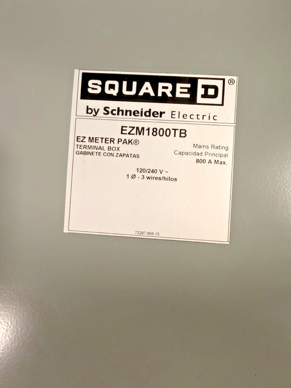 Square D EZM1800TB 800 Amp 1 Phase 3/0 AWG to 500 MCM Meter Center Terminal Box.