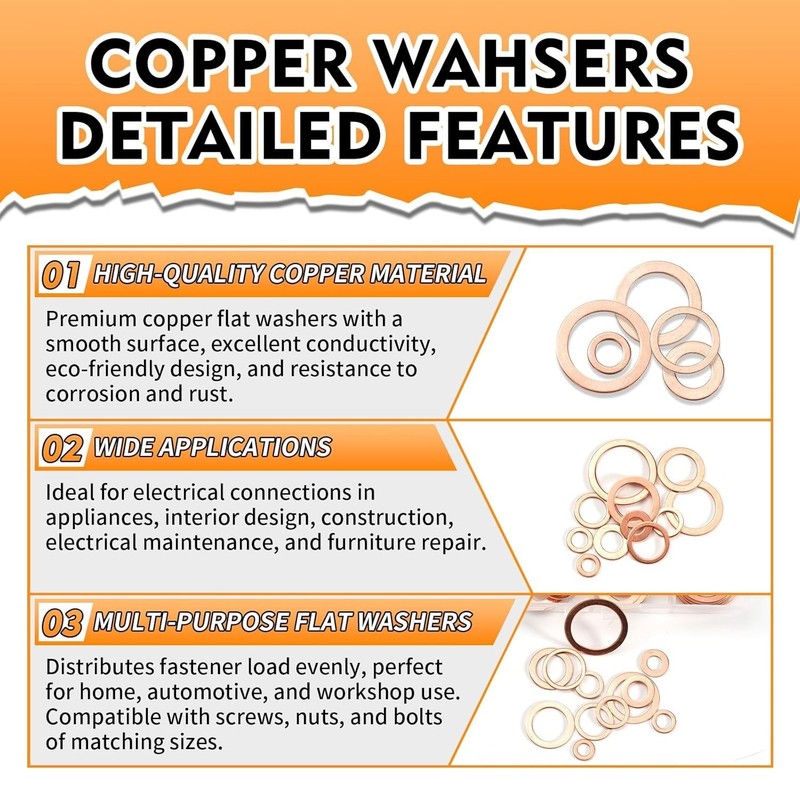 330PCS Copper Crush Washer Assortment Kit M5-M20 Metric Copper Sealing Washers f gallery