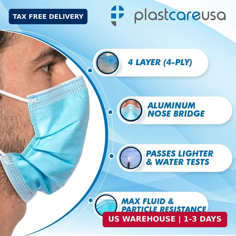 PlastCare USA Box of 50 4-Ply ASTM Level 3 Face Masks, Disposable (Blue) gallery