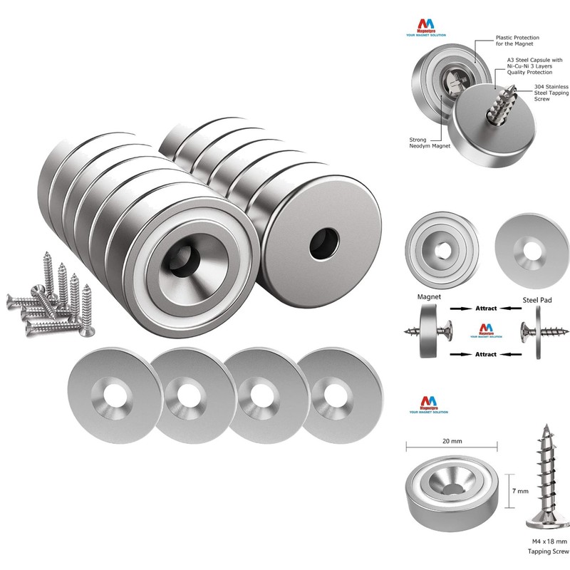 12pc Neodymium Pot Magnets 25LB Pull Force with Countersunk Hole & Steel Pads
