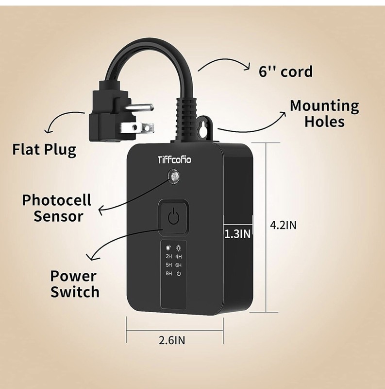 Outdoor Light Sensor Timer Outlet, 100ft Range Remote Control, Weatherproof gallery