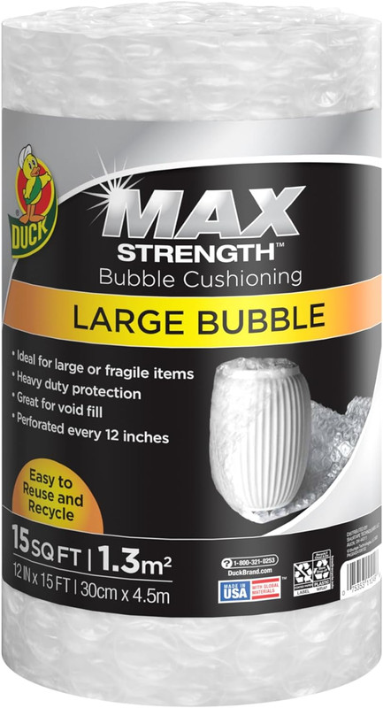 Duck Max Strength Bubble Cushioning Wrap for Moving & Shipping, 15 FT, Large Bub