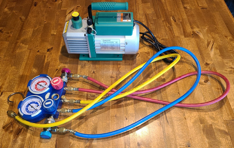 1/4 HP 3.5 CFM Queenmail HVAC Vacuum Pump VP125 & MG-2-R134a Gauge & Hoses