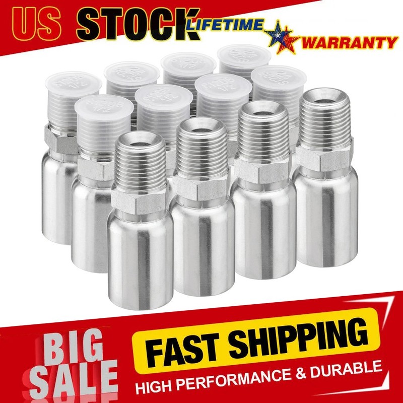 12-Pack 1/2" Hose x 1/2" NPTF Male Pipe Thread Hydraulic Hose End Crimp Fittings