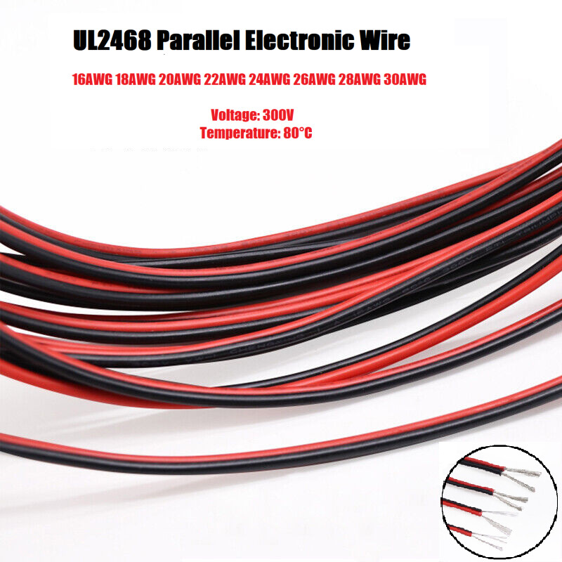 16/18/20/22/24/26/28/30 AWG Flat Ribbon Twin-Core 2 Pin Cable Stranded Wire PVC