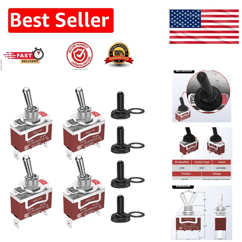 4 Pack of 30A Waterproof 12V Toggle Switches with Boot Cover for Marine Vehicles