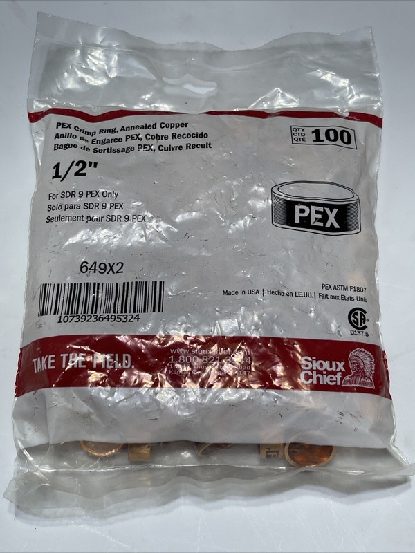 Bag of 100 Sioux Chief PEX Crimp Ring 1/2” Annealed Copper 649x2 USA SDR 9 PEX gallery