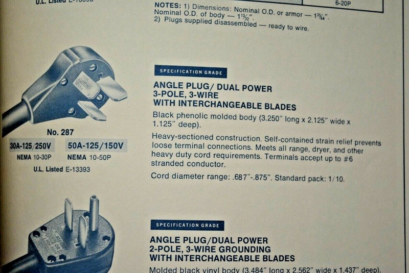 Leviton Spec ANGLE PLUG 3P 3W 30A-125/250V 50A-125/250V 10-30P 10-50P NEW 287 gallery