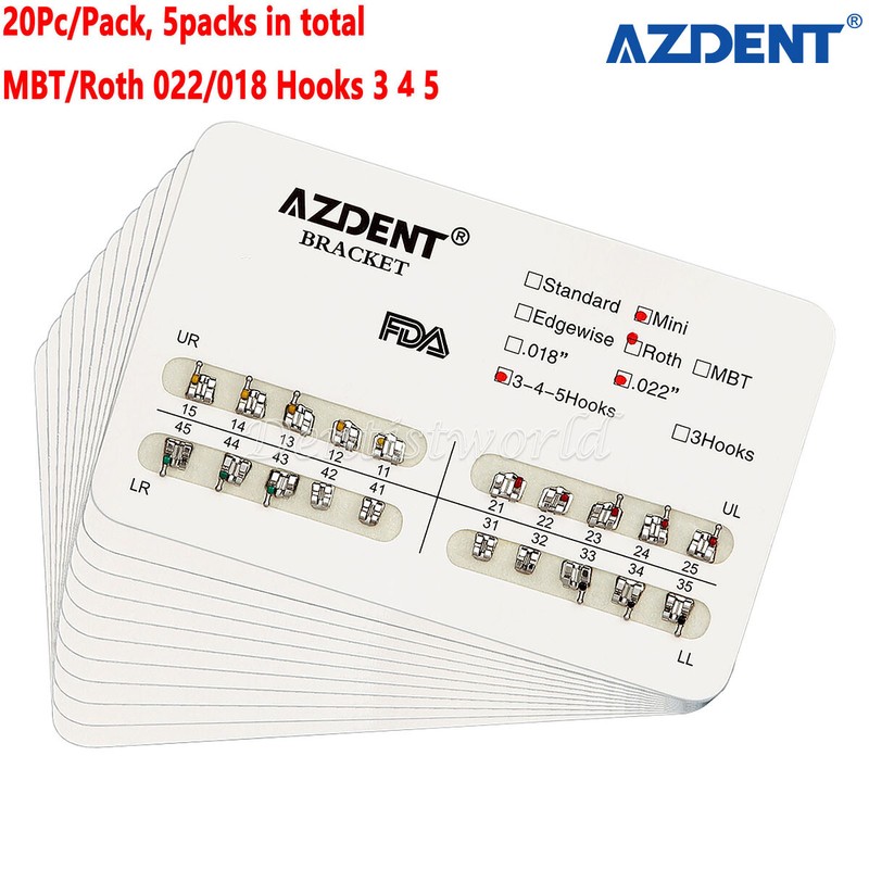 5Packs AZDENT Dental Ortho Brackets Mini/Standard MBT/Roth 022/018 Hooks 3 4 5