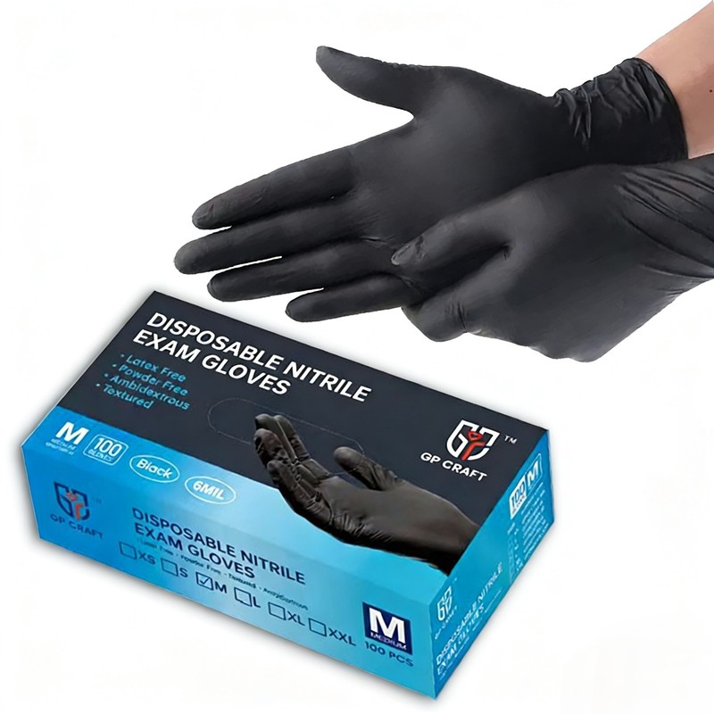 100 Pack Heavy Duty Black 6Mil Nitrile Disposable Gloves Latex-Free Powder-Free