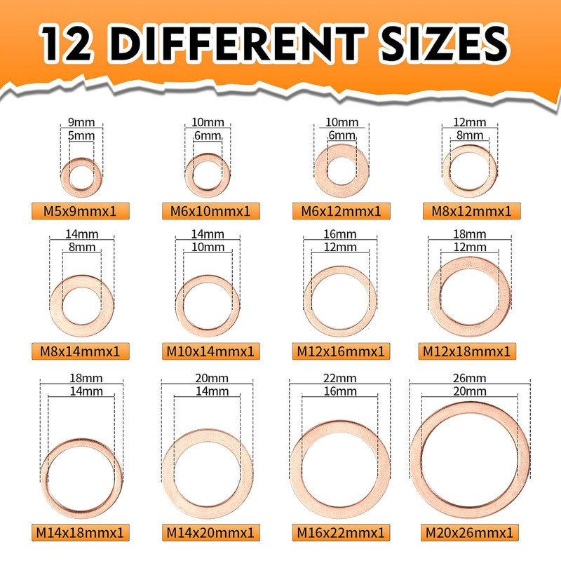 Copper Washers Assortment Kit Flat Sealing Crush Washers M5 M20 Plumbing 330 Pcs gallery