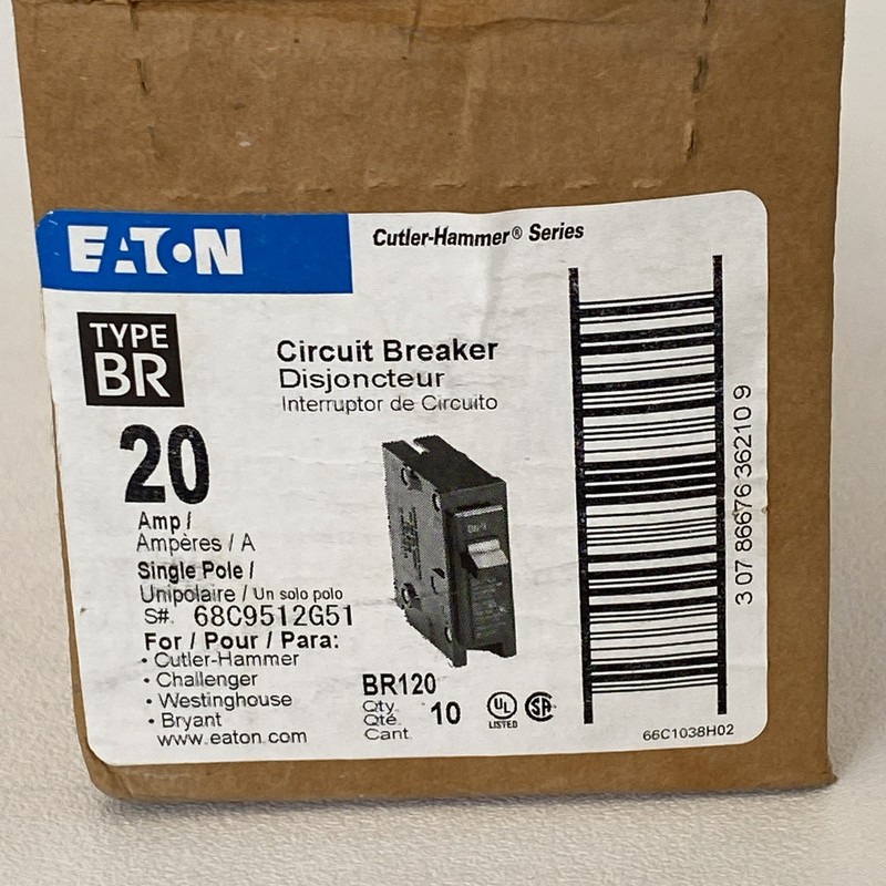 Box Of 10 New – Eaton BR120 Single Pole 20 A Circuit Breaker RS10