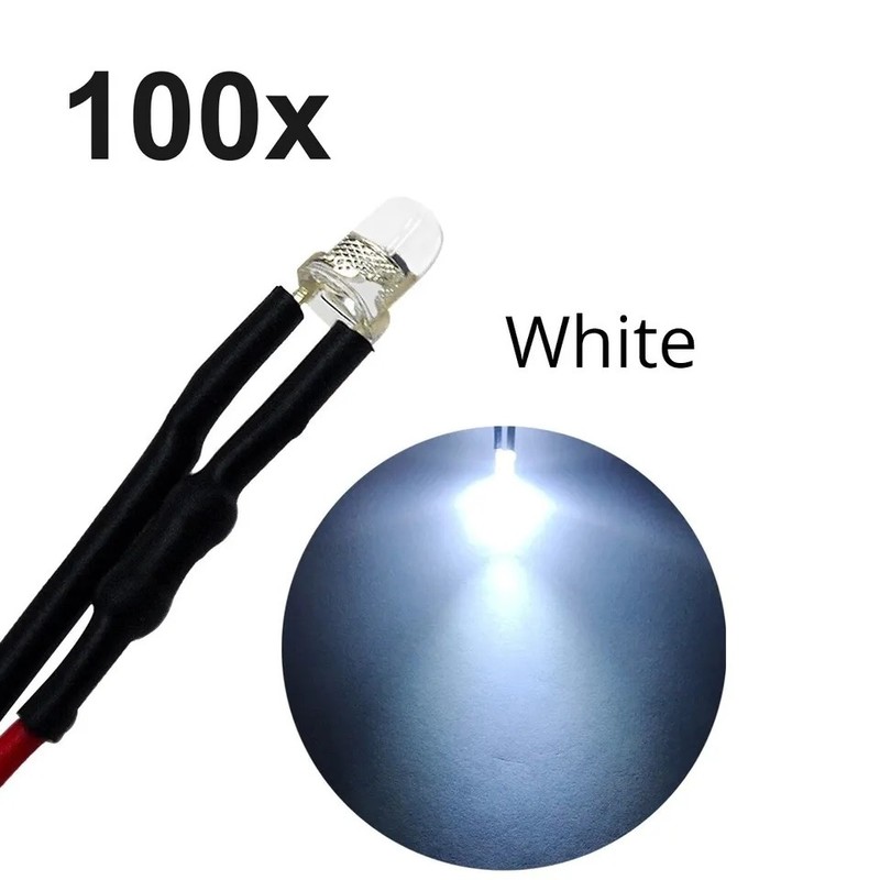 100x White LED Single Bulb Small Light Wire 5V-12V DC 3mm Bright Round Top Clear gallery